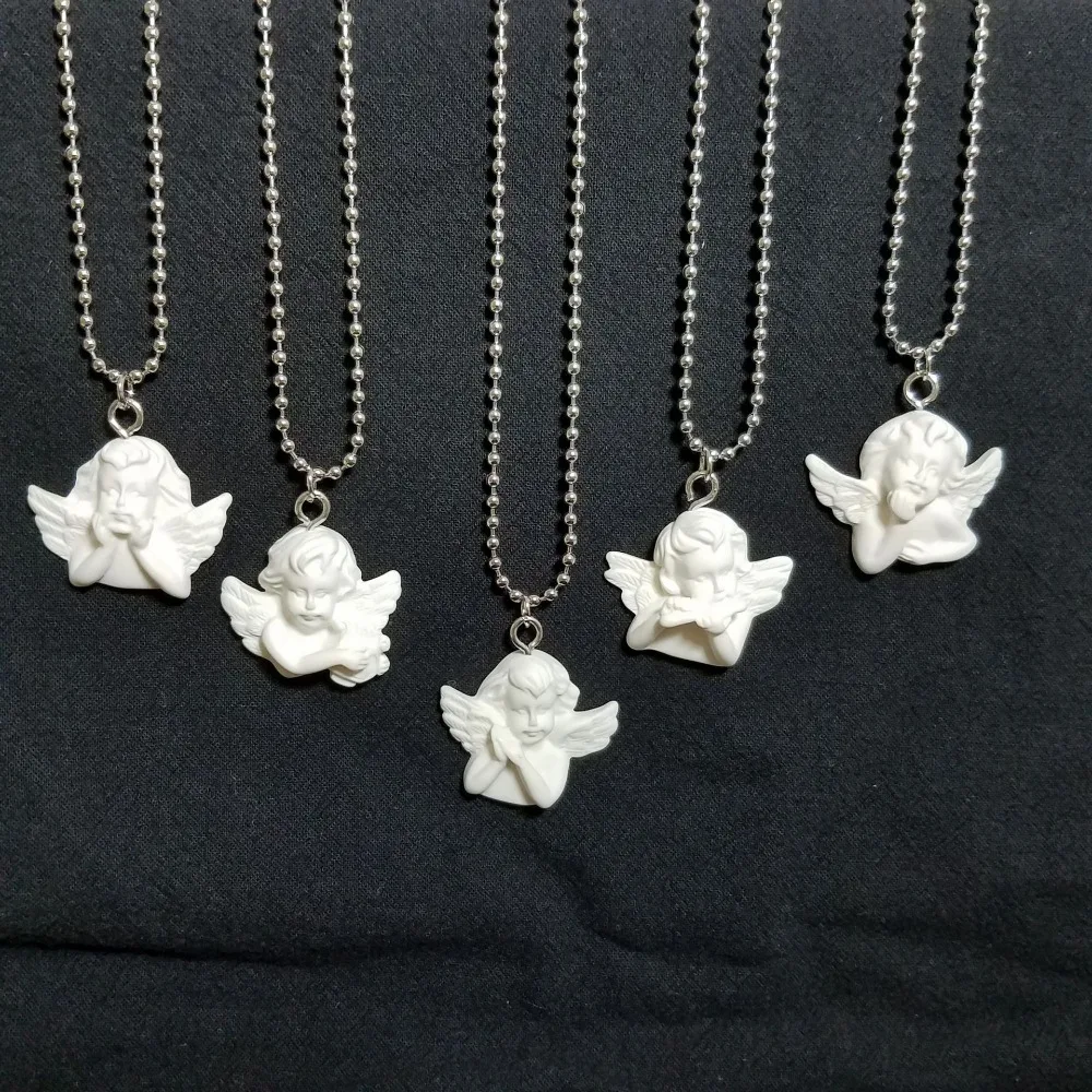 Creative White Baroque Cupid Plaster Emotes Angel Pendant Stainless Steel Round Bead Chain Necklace for Men Women Couple Jewelry