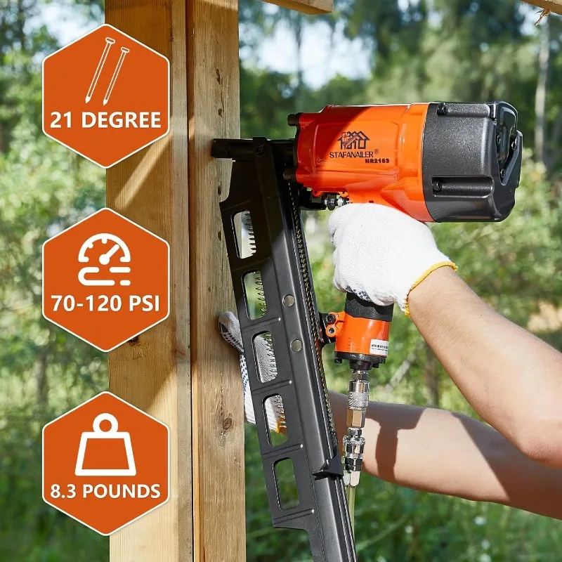 أداة إطارات عالية السرعة، مسدس أظافر بتأطير هوائي 21 درجة، إطار كامل الرأس من البلاستيك المطلي بطول 2 بوصة حتى 3-1/4 بوصة #2