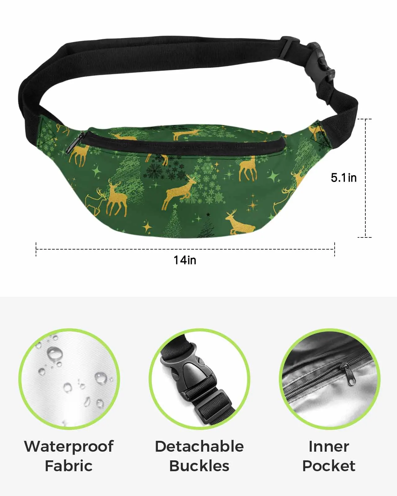 Christmas Deer Christmas Tree  Men Women Waist Bag Fanny Pack Phone Belt Bag Wallet Pouch Waterproof Banana Hip Bags