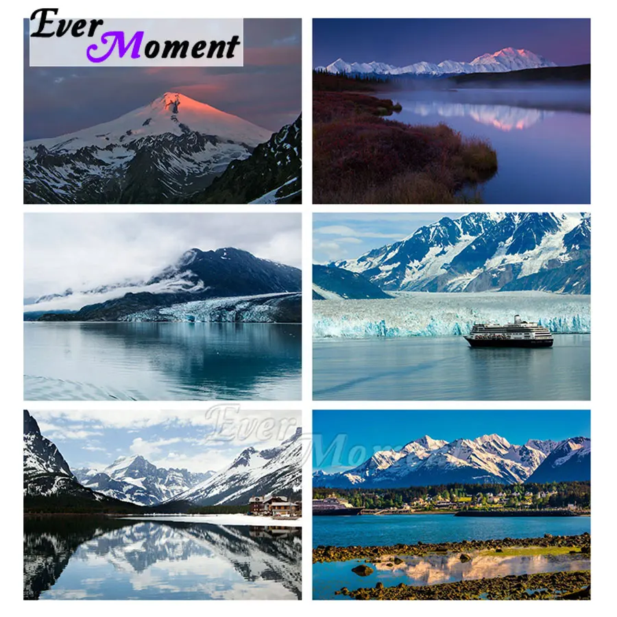 

Ever Moment Diamond Painting Mosaic Cross Stitch Kits Rhinestone Home Decor Snow Mountain Scenery Lake Ship Picture ASF2363