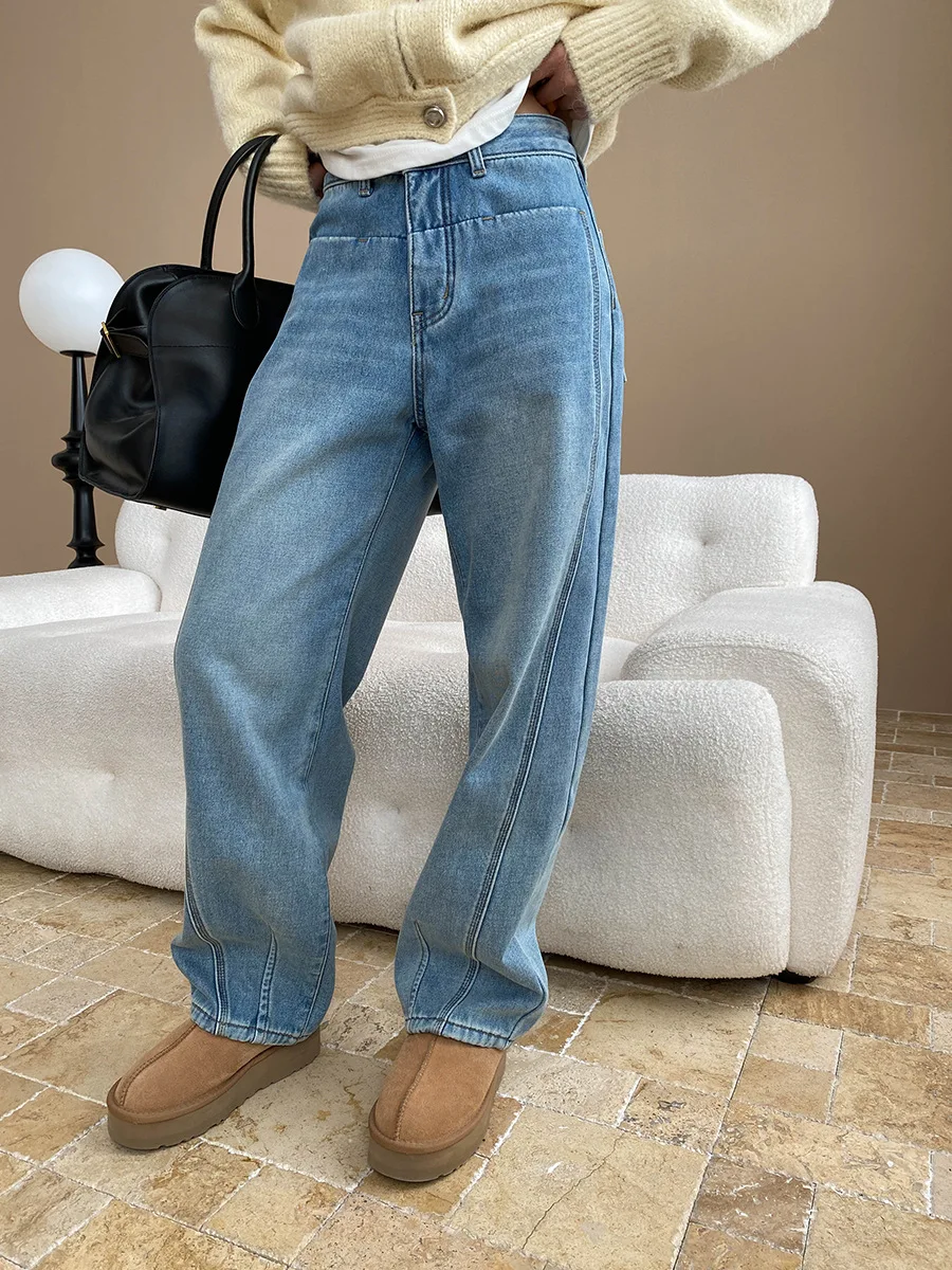 Autumn and Winter Women's Casual Solid Color High Waist Loose Wide Leg Jeans