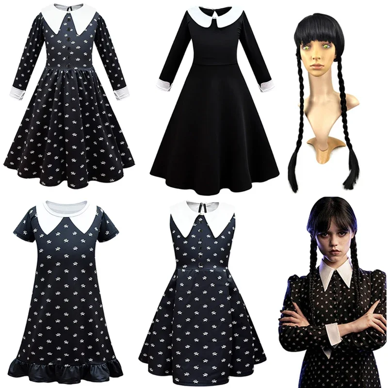 Kids Halloween Costumes for Girls The Addams Family Morticia Cosplay Dress Wig Bag Set Black Outfits Carnival Gothic Clothes