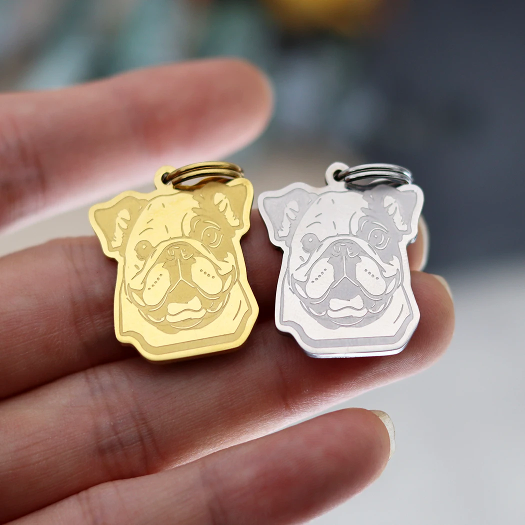 Cute French Bulldog Gold Plated Stainless Steel Keychain Pendant Pet Charms Kids Lucky Gifts Jewelry Custom Text Number Keyring