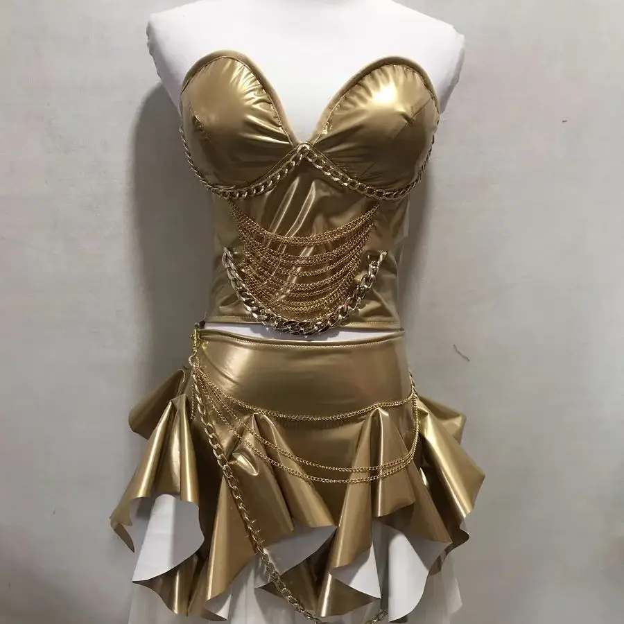 

New Nightclub Bar Female Singer Leading Dance Stage Performance Clothing Sexy Light Gold Patent Leather Split 2-piece Suit