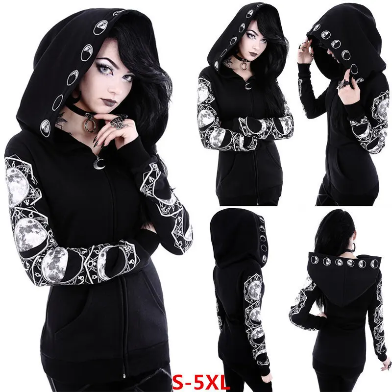 

2024 Autumn New Women's Clothing Sister Style Top Fashion Casual Loose Black Punk Style Hoodie Moon Printed Long Sleeve Hoodie