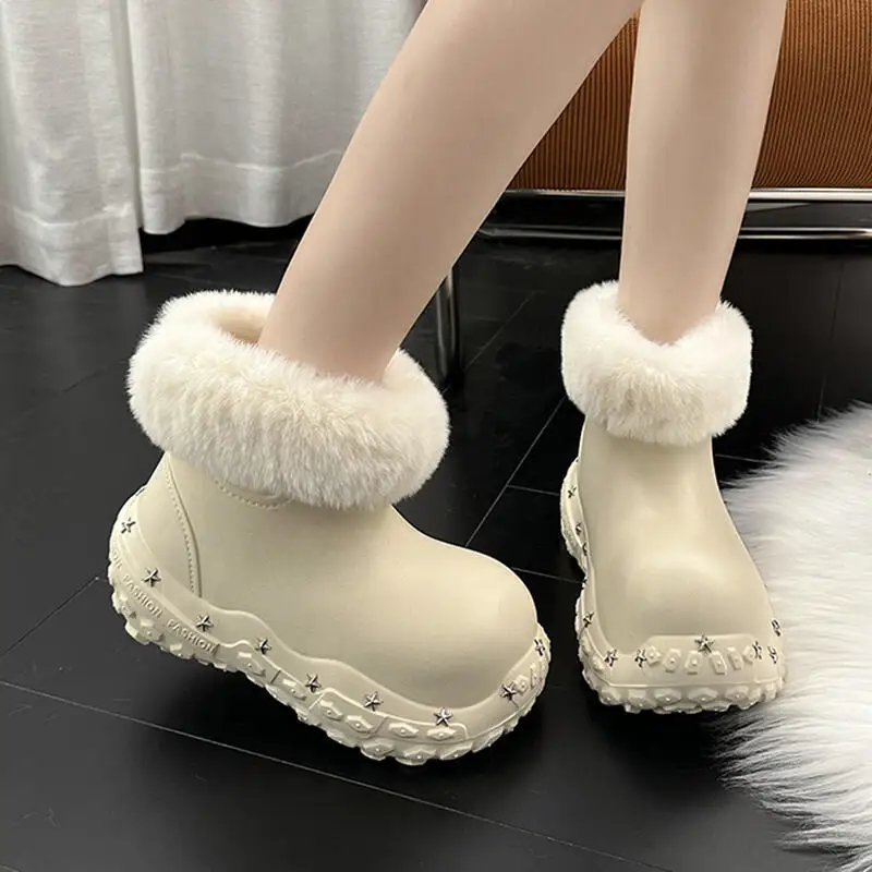 

Chunky Platform Waterproof Eva Furry Snow Boots Women 2025 Winter Luxury Rivet Thick Bottom Ankle Boots Woman Short Rain Booties