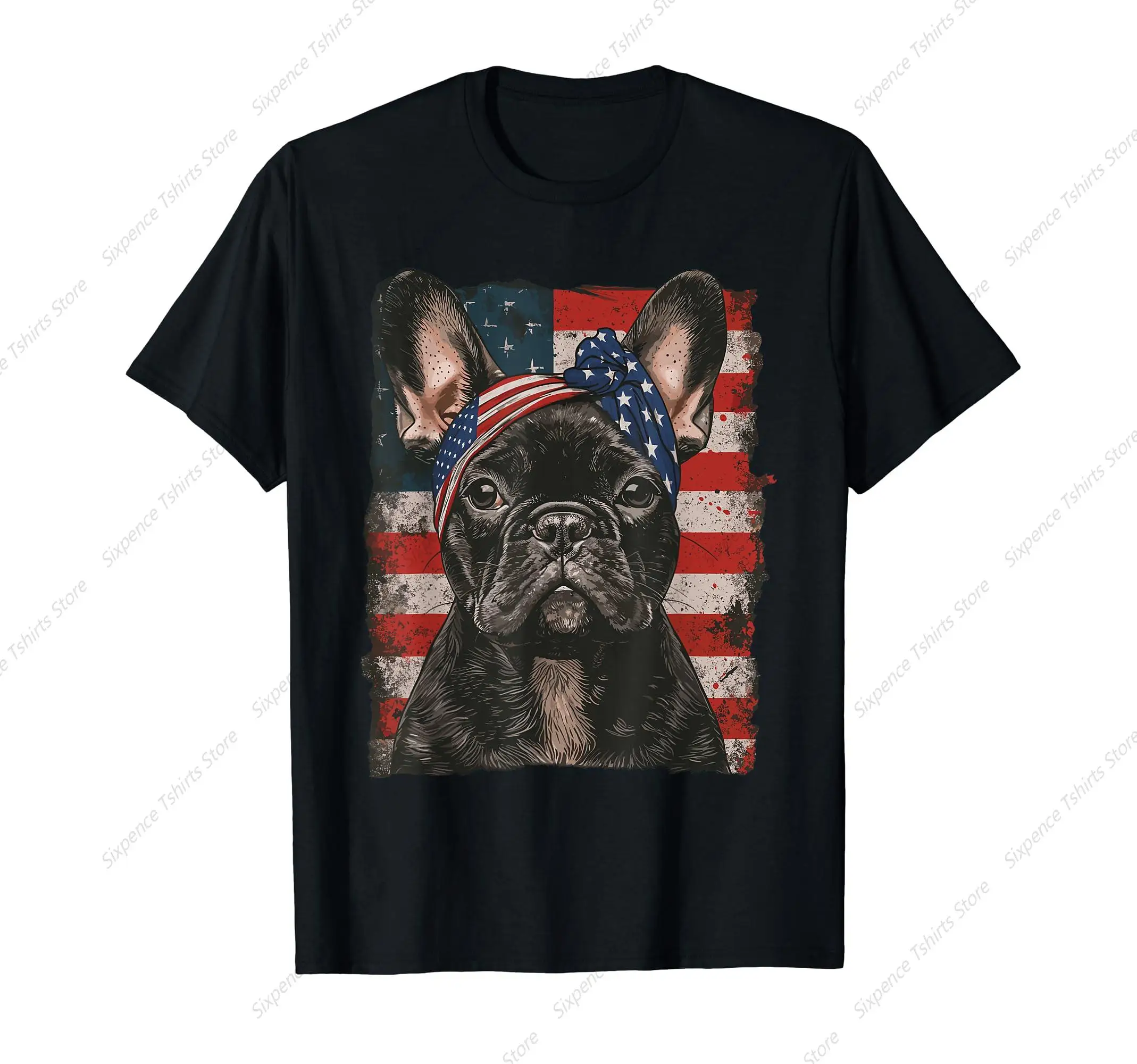 French Bulldog Patriotic 4th Of July USA American Flag Men‘s T-Shirt Soft Comfortable Easy to Wear Simple Practical