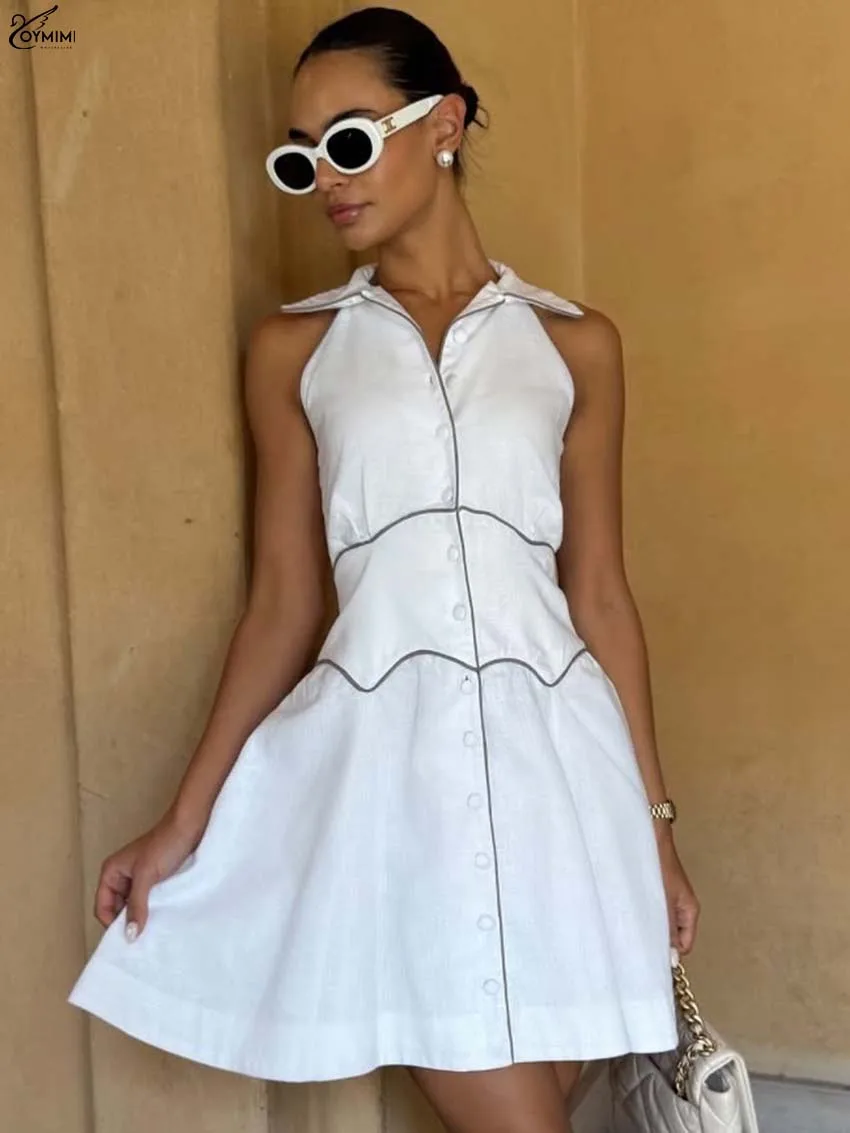 

Oymimi Casual White Cotton Womens Dresses Autumn Turn-Down Collar Sleeveless Dresses Fashion High Waist A-Line Mini Dress Female