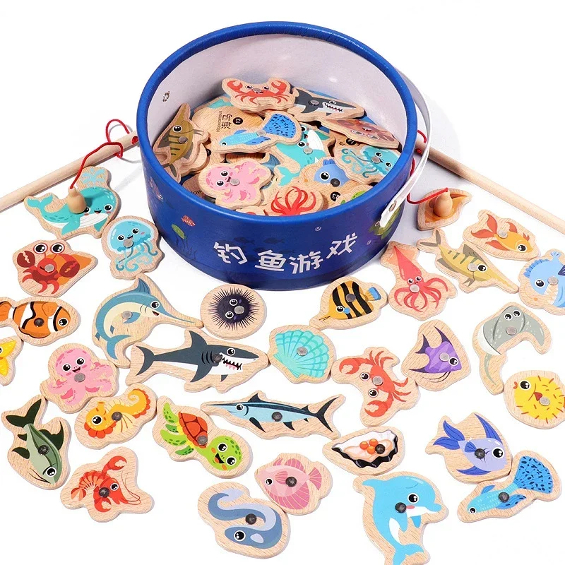 Funny Fine Motor Skill Fish Cognition Puzzle Toy Wooden Montessori Catching Toys Colorful Wooden Magnetic Fishing Game