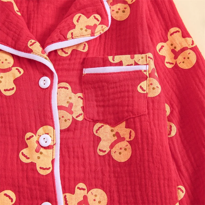 Kids Toddler Christmas Pajamas Girls Boys Gingerbread Print Long Sleeve Tops Pants Set Cotton Linen Sleepwear Suit