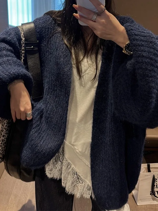 

Women's Autumn Winter Sweater Coat Medium Length Lazy Design Loose Fit Thiened Lantern Knitted Cardigan