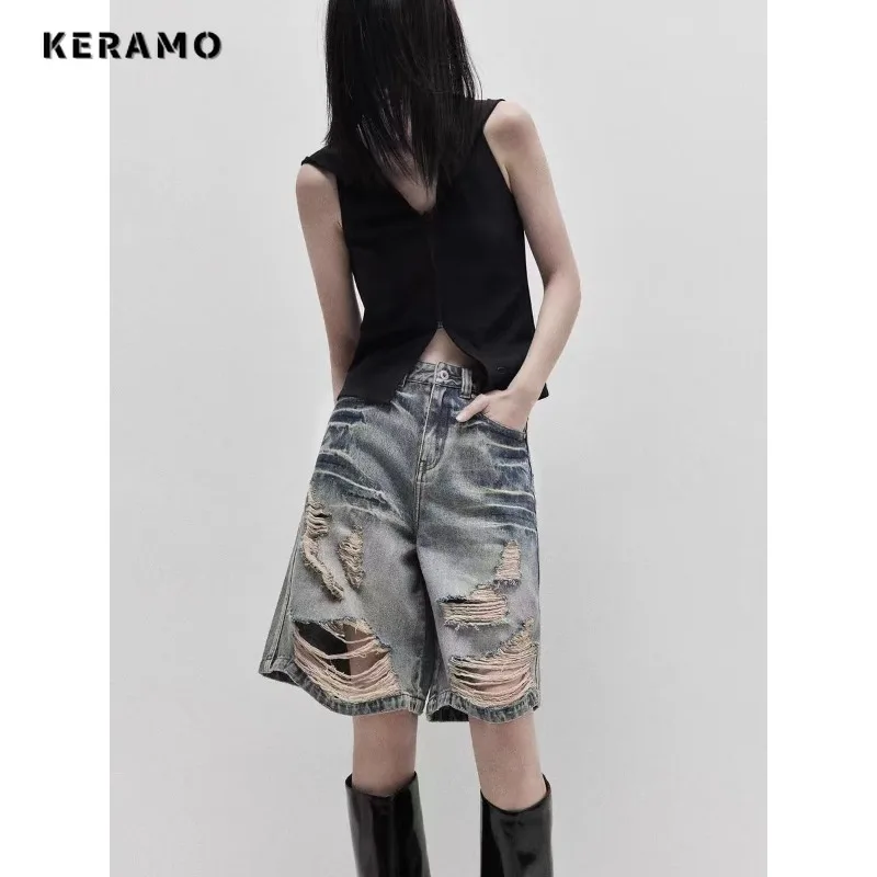 

Korean Y2K Harajuku High Waist Street Style Ripped Fashion Shorts 2024 Summer Women's Sexy Hotsweet Hollow Out Denim Shorts