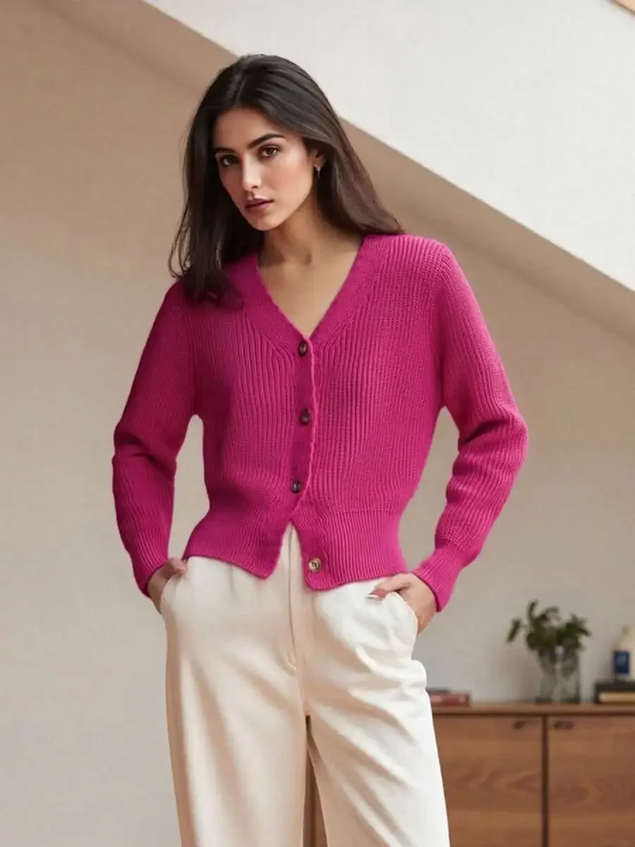 

Womens V Neck Knit Cardigan Long Sleeve Solid Color Button Down Sweater