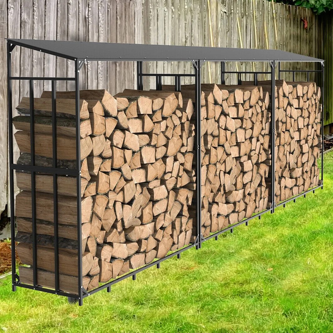 Heavy Duty Tall Metal Firewood Rack Stand with Top Cover Fireplace Wood Storage Stacking Holder for Outdoor Deck, Backyard