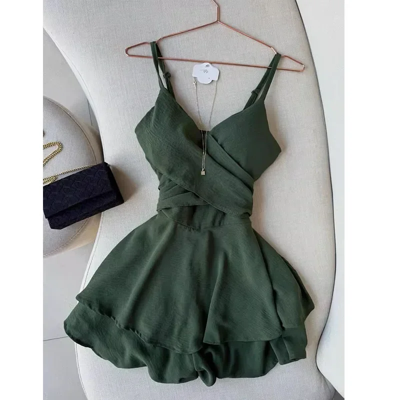 Amerikanischen Retro Grün Camis Kleid Y2K Mode Hot Girl Tiefem V Mini Kleid Sommer Neue Chic Strand Resort Ärmellose Vestidos