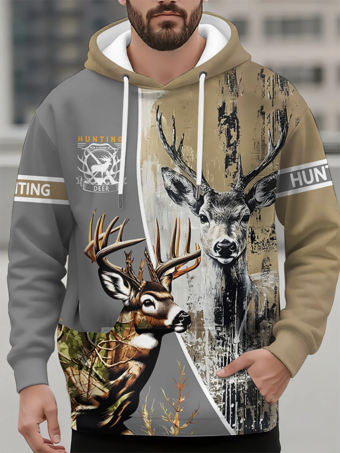 

Autumn 3D Print Elk Graphic Men's Hoodie Loose Outdoor Hunting Sports Hooded Clothes Fashion Animal Graphic Long Sleeve Pullover