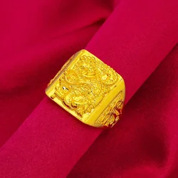 Pure Gold 18 KT Color Ring for Men Bro Luxury Engraving Dragon Adjustable Rings Gentleman Wedding Party Jewelry Gifts