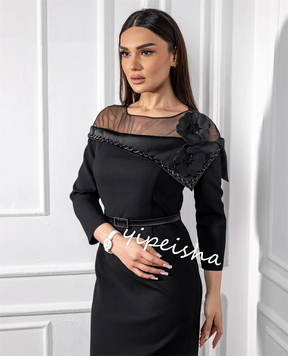 Satin Sash Beading Flower A-line O-Neck Bespoke Occasion Gown Midi Dresses