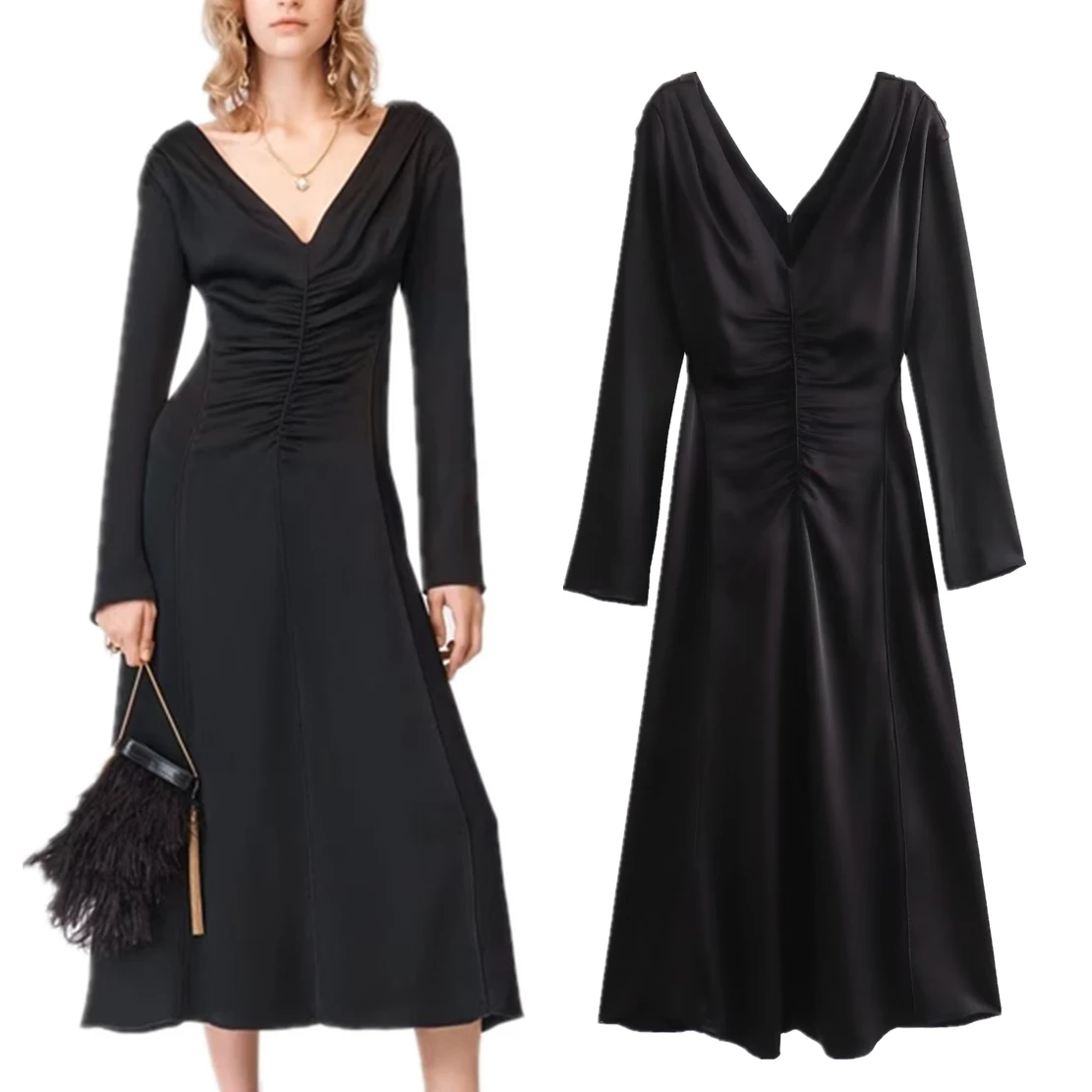 Verwelkte französische Vintage modische Satin schwarz Kleid elegante V-Ausschnitt plissiert lässig Party kleid Frauen