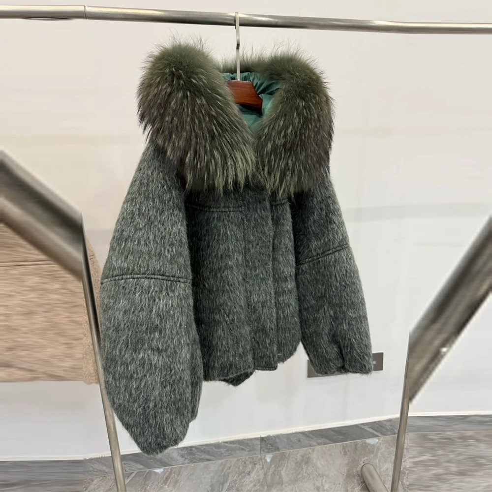 2025, neuer Damen-Wollmantel mit Thiened Ort-Down-Jacet-Pelzkragen, warm, lässig, normal geschnitten, weiße Gänsedaunenfüllung