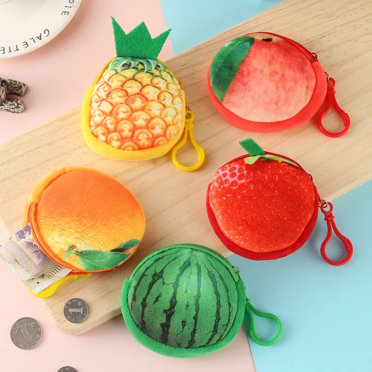 8CM Plush Watermelon Orange Fruit Ladies Coin Purse Mini Cute Oval Zipper Children Girl Coin Purse USB Cable Earphone Bag Gift