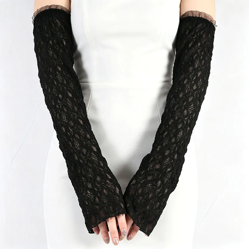 1 Pair Women Long Lace Fingerless Gloves Black White Fake Sleeves Trendy Elastic Arm Sleeves Clothes Decoration