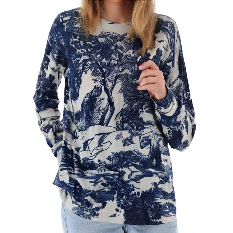

Women Sweater Korean Fashion Vintage Print Elegant Pullover Casual Chic Long Sleeve Knitwear Slim Female Clothing