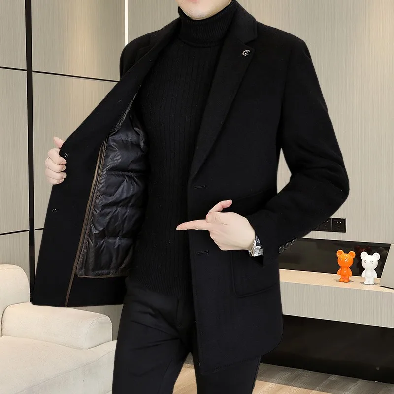 

High-end men's stylish 70% wool double-sided woolen coat, fitted suit, mid-length detachable down inner jacket