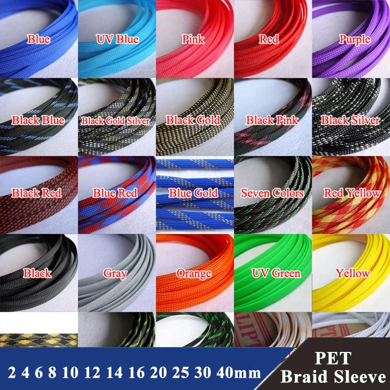 1/10M High Density PET Braid Sleeving 2 4 6 8 10 12 14 16 20 25 30 40mm Expandable Sleeve Wire Wrap Insulated Protector Sheath