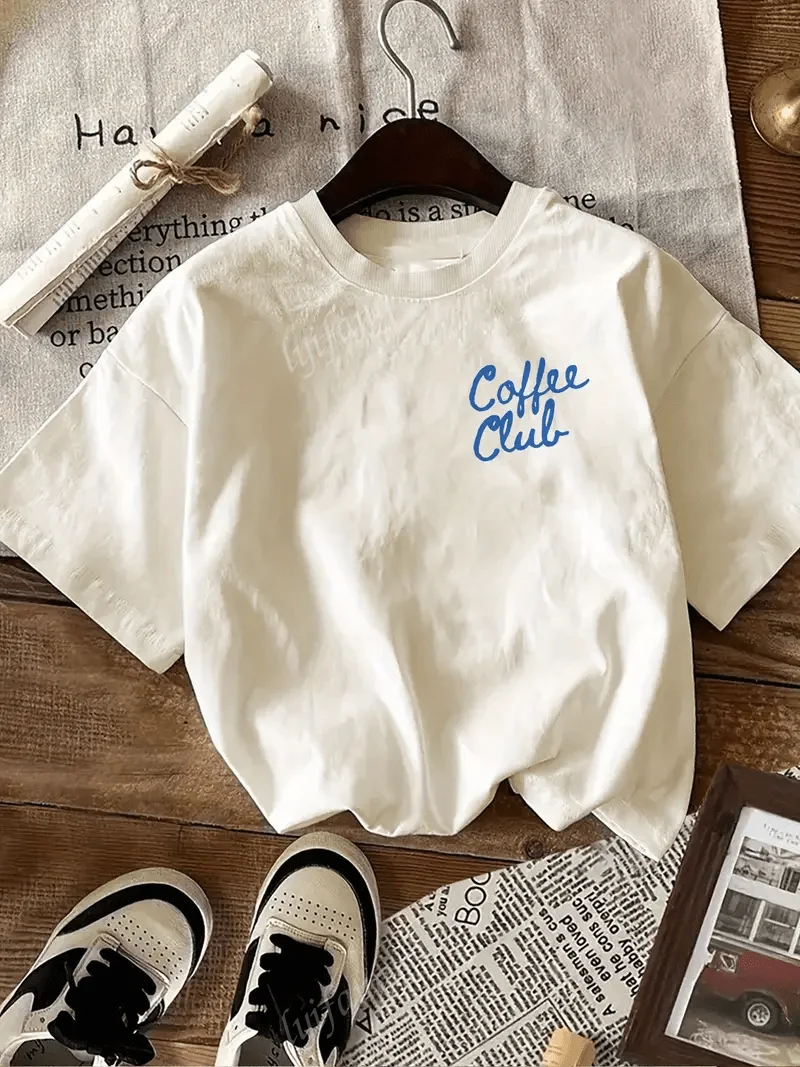 T-shirt z nadrukiem „Coffee Club” Damski top z krótkim rękawem i okrągłym dekoltem, prosty i wszechstronny T-shirt na lato