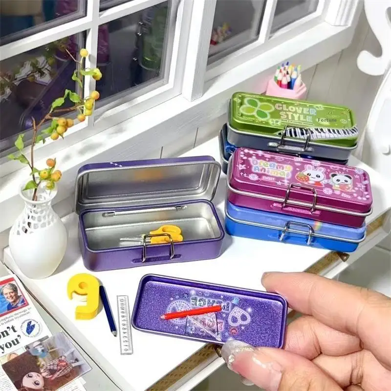 Dollhouse Miniature Double Layer Iron Pencil Box Pen Ruler Measuring Tape Scissors Model Micro Landscape Decor Pretend Play Toy view 2