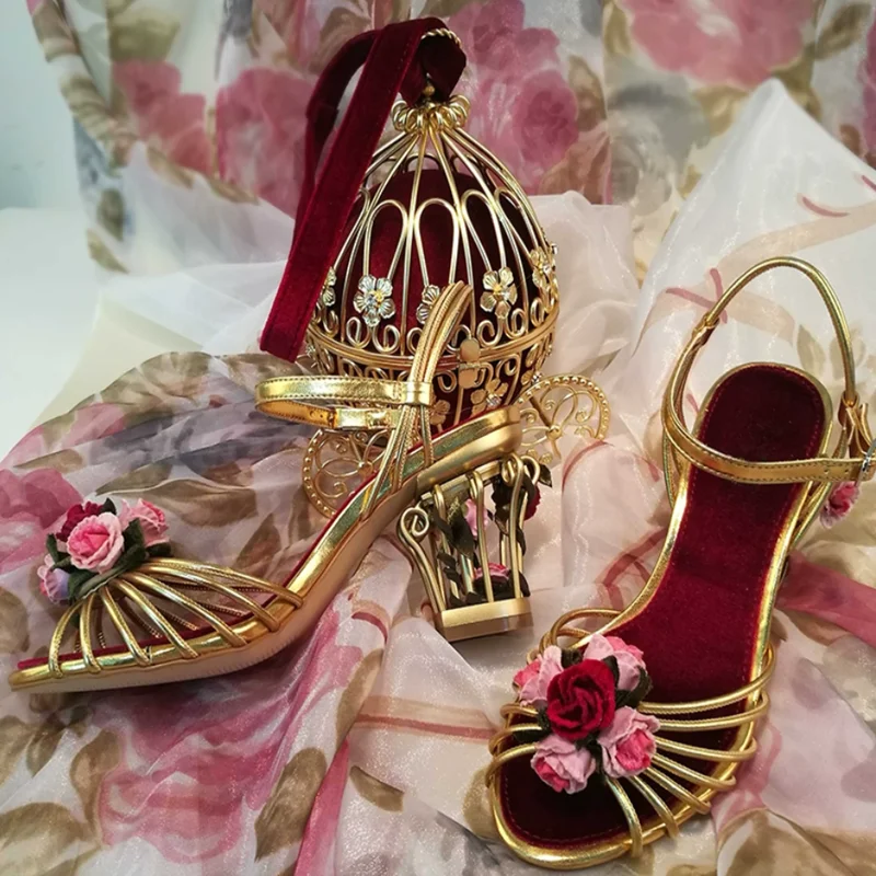 

Elegant Birdcage Heels Women Cage Shoes Gold Metallic Leather Strappy Sandals Open Toe Rose Flower Chunky Heels Bride Shoes 8cm
