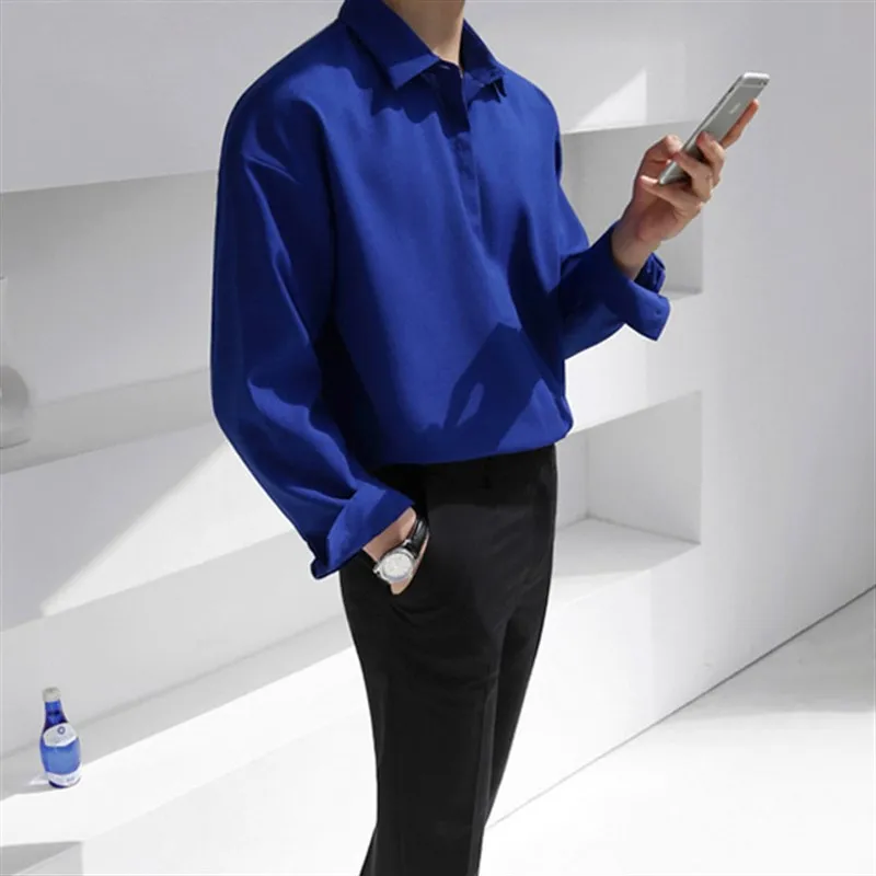 Long Sleeve Men's Shirt Spring New Loose Casual  Color No Ironing High-End Feelings PU Leather Fabric Vintage Style