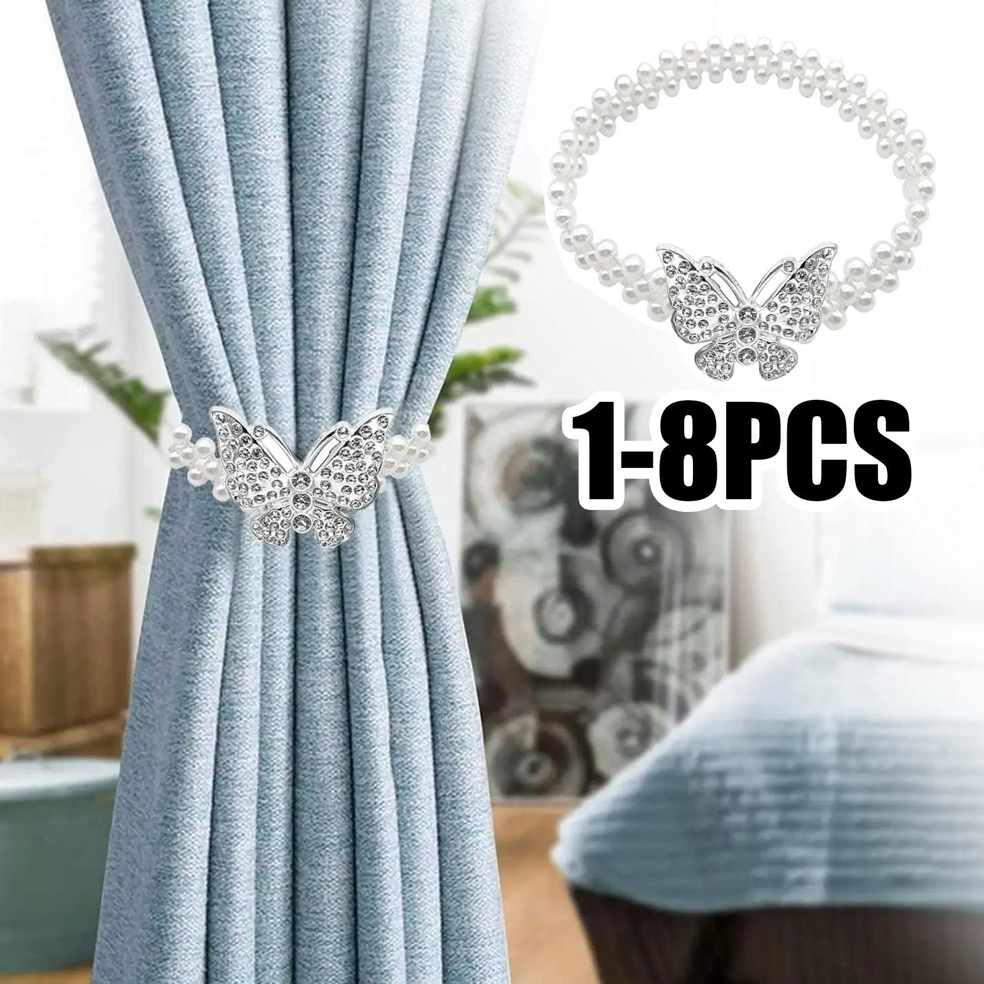 Bohemian Pearl Butterfly Drapery Holder Farmhouse Rustic Window Accessory Elastic Bow Clip Curtain Tie Back Decor