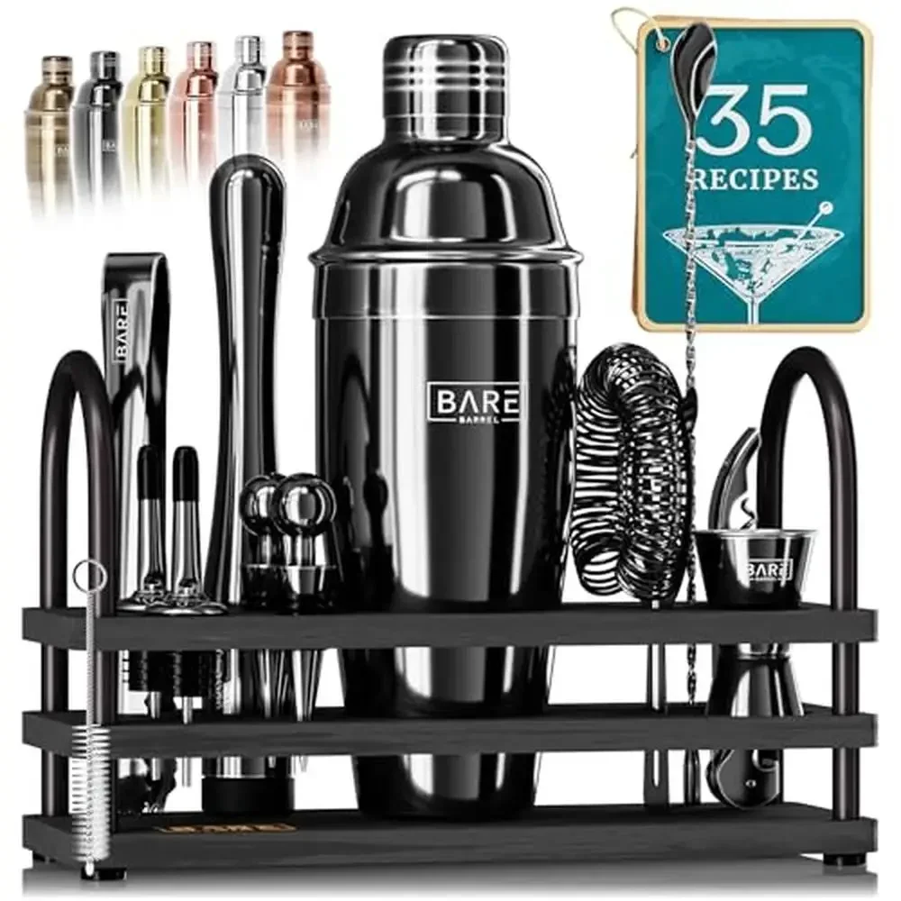 

Mixology Bartender Kit 14-Piece Cocktail Shaker Set Bamboo Organizer Home Barware Mixing Tools 35 Recipe Cards Stainless Steel