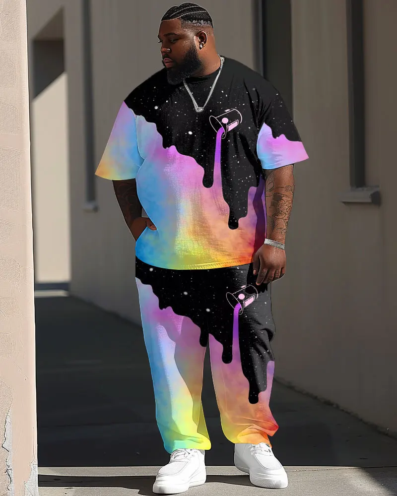 Biggmans L-9XL Plus Size T-Shirt  Set Street Tie-dye Pattern Hip Hop Print Large Men's Short sleeved Pants Suit