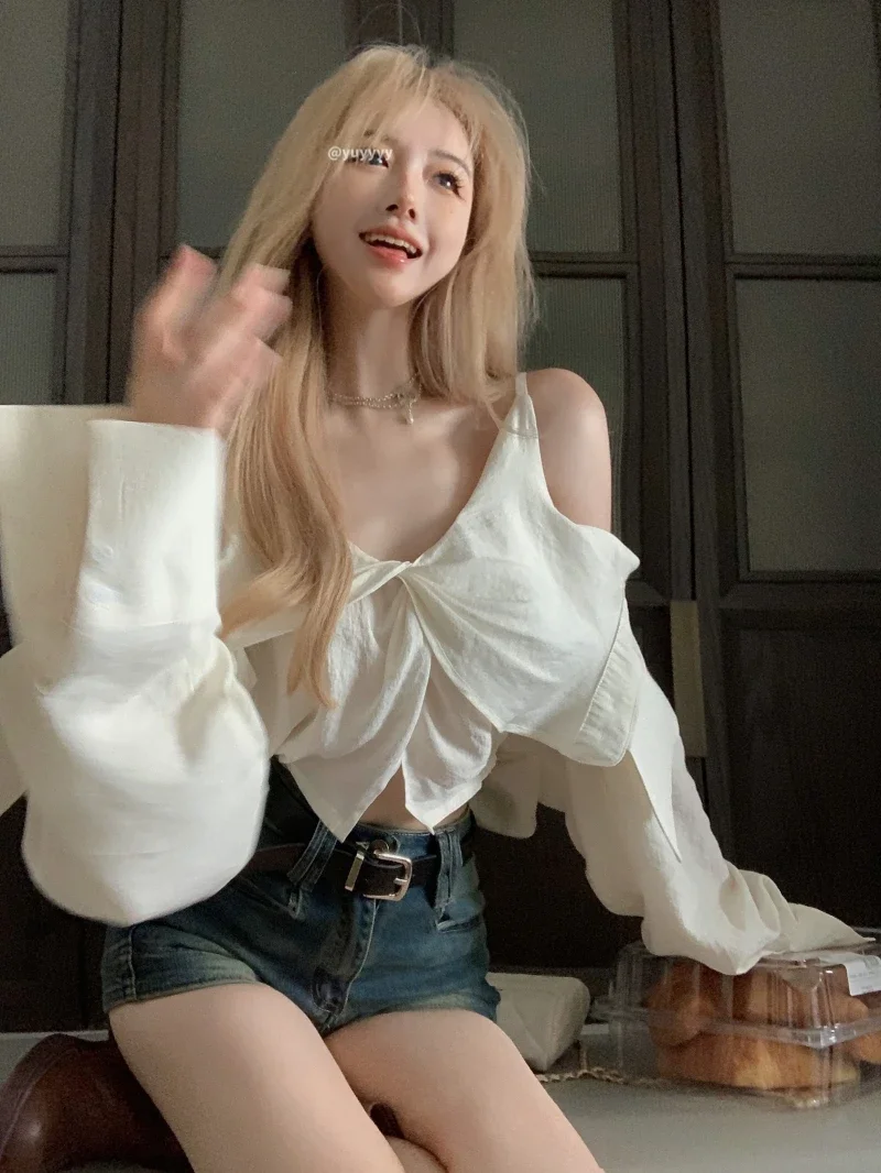 

Повседневная блузка нестандартной формы Camisas De Mujer, темпераментные укороченные топы, женские блузки с вырезом на шее, летние рубашки с длинными рукавами и открытыми плечами