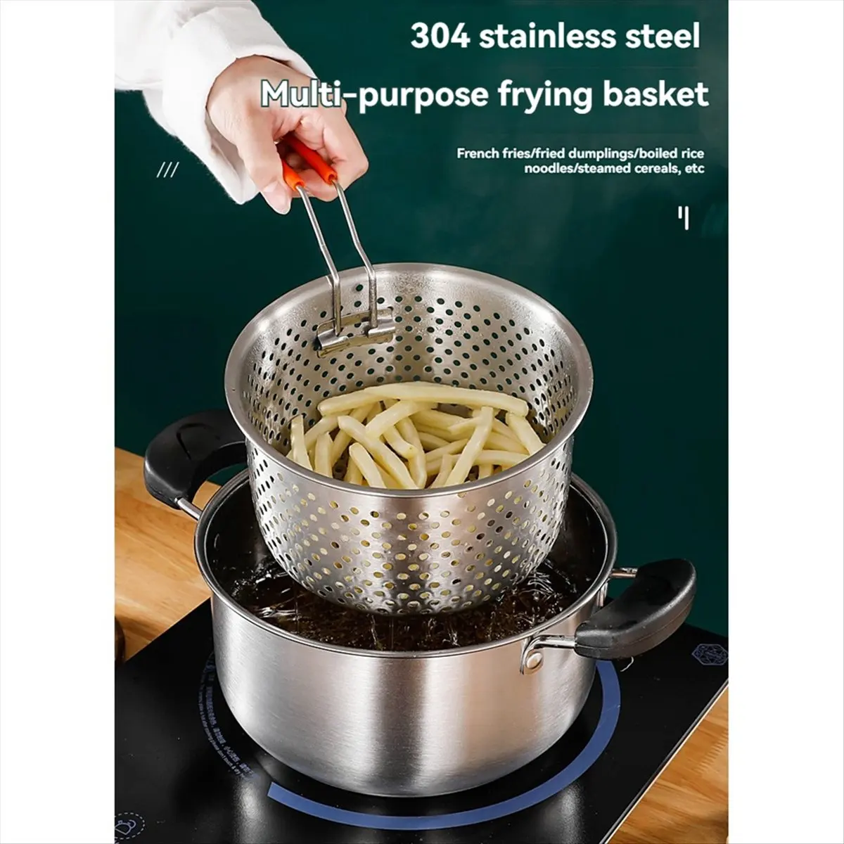 A72P Deep Fryer Basket with Handle,304 Stainless Steel, Dishwasher, Round Shape for Convenient and Cooking, Ideal for Frying