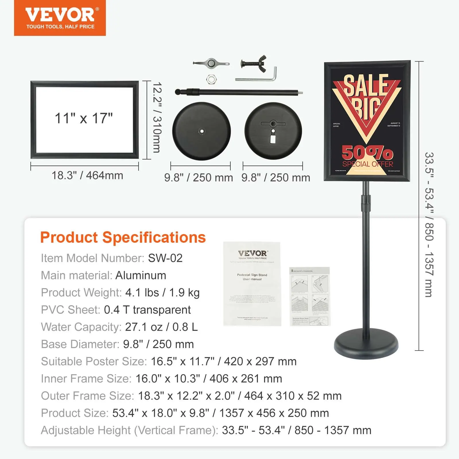Pedestal Sign Holder, 11 X 17 Inch Vertical And Horizontal Adjustable Poster Stand, Heavy-Duty Floor Standing Sign Holder
