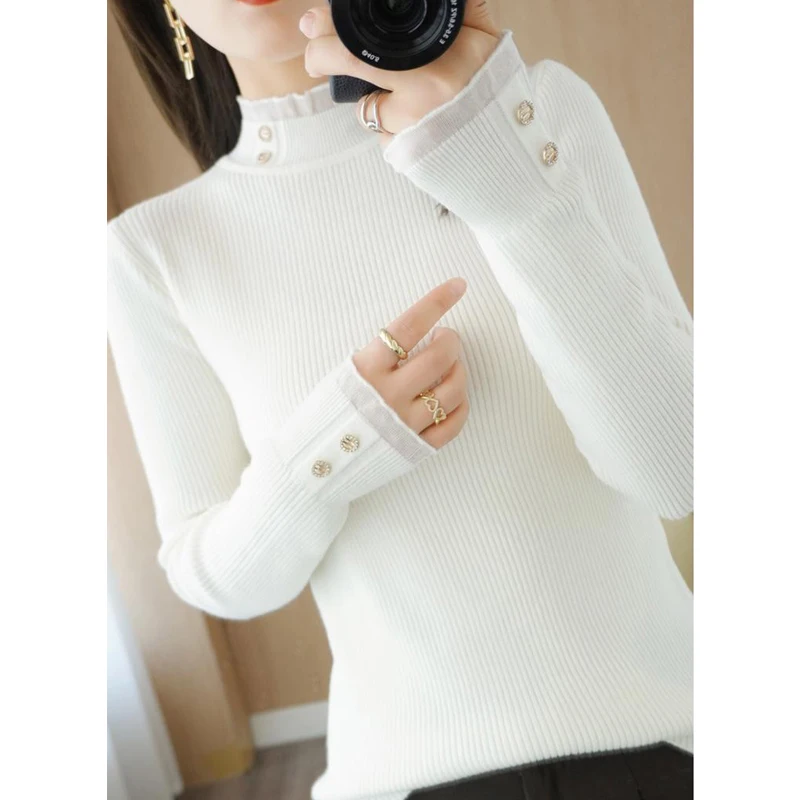 Women\'s Clothing Autumn Winter Korean Fashion Half High Collar Basic Knitwear Long Sleeve Slim Pullover Tops Elegant Chic Jumper