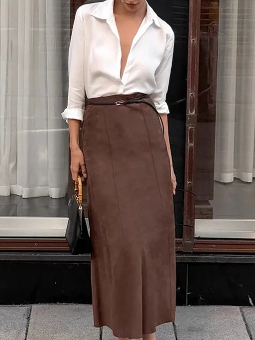 2024 Autumn And Winter Retro New Fashion Knitted Frosted Velvet Khaki Slim High Waist Straight Skirt Casual Long Skirt For Women