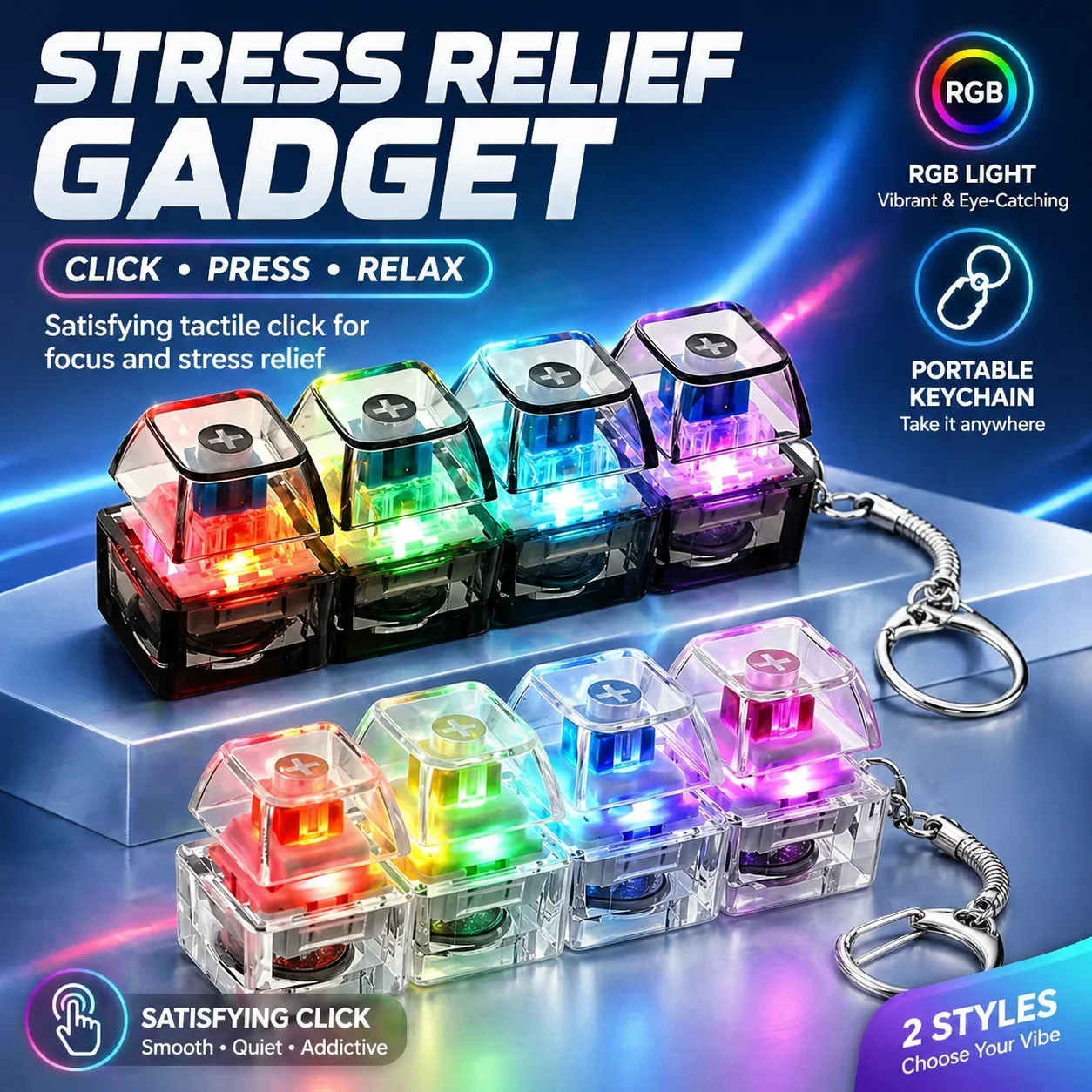 1PC Mechanical Keyboard Toy Light Up, Loud Fidget Keyboard Clicker, Keychain 4-in-1 with Cat Keycaps, for Adult To Relief Stress