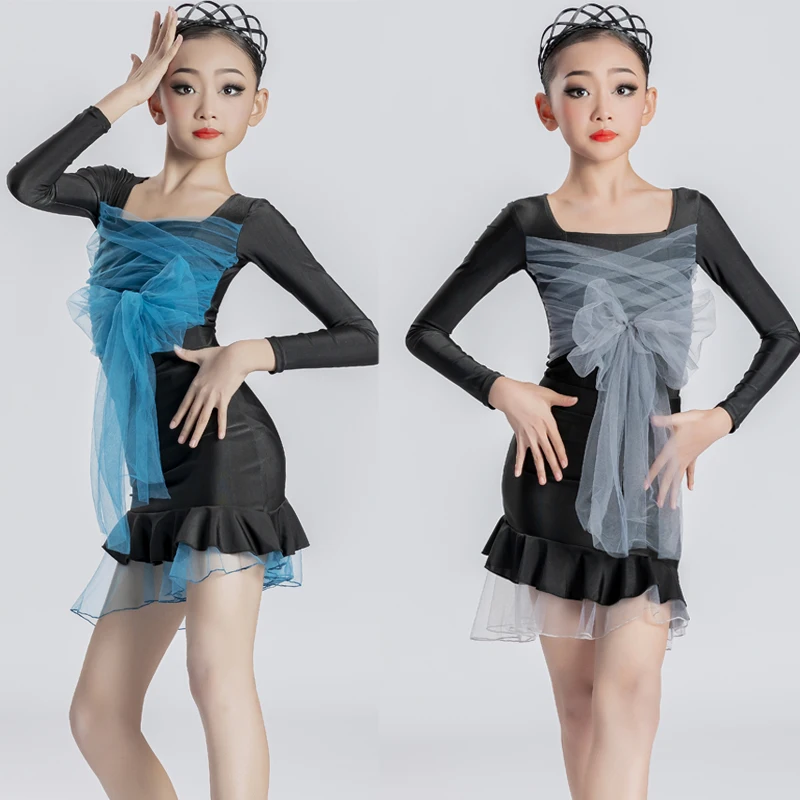 

2022 Children Dress For Dancing Latin Dance Dresses for Girls Long Sleeve Mesh Bow Skirts Salsa Tango Kids Dance Costume SL6298