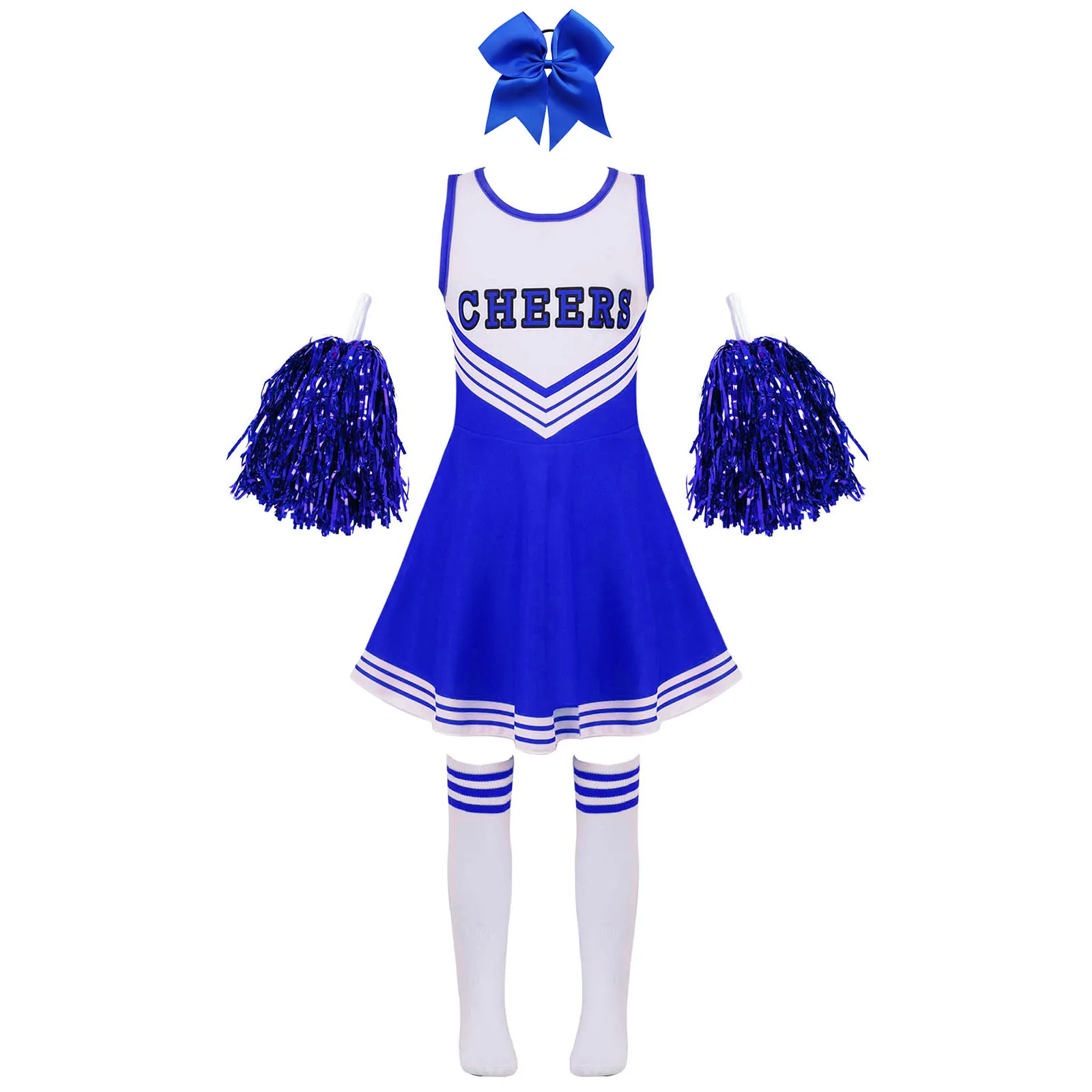 Kids Girls Cheerleading Uniform Dress Dancewear Outfit for Children Sport Cheerleader Costume with Hand Flowers Socks Headwear