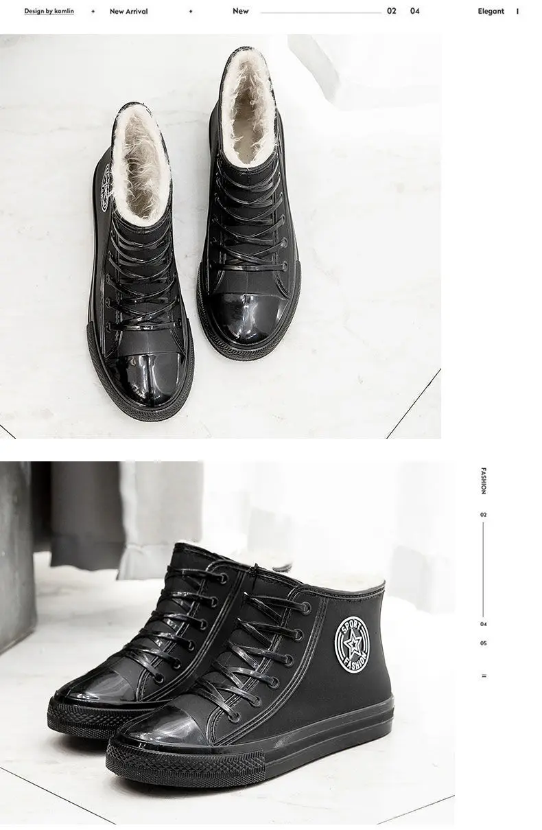Stilvolle warme Damen-Regenschuhe mit Fell, wasserdichte Winterstiefel, Damen-Galoschen, modische Garten-Regenschuhe, Plüsch-Regenstiefel der Marke – Detail 18