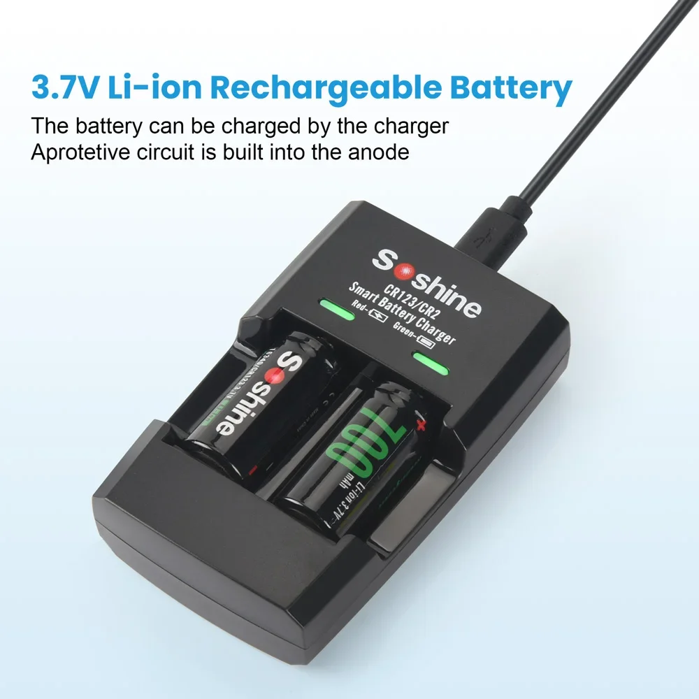Soshine RCR123 16340 700mAh Rechargeable Battery 3.7V 700mAh Smart Lithium Batteries Charger Li-Ion Battery 500 Discharge Cycle