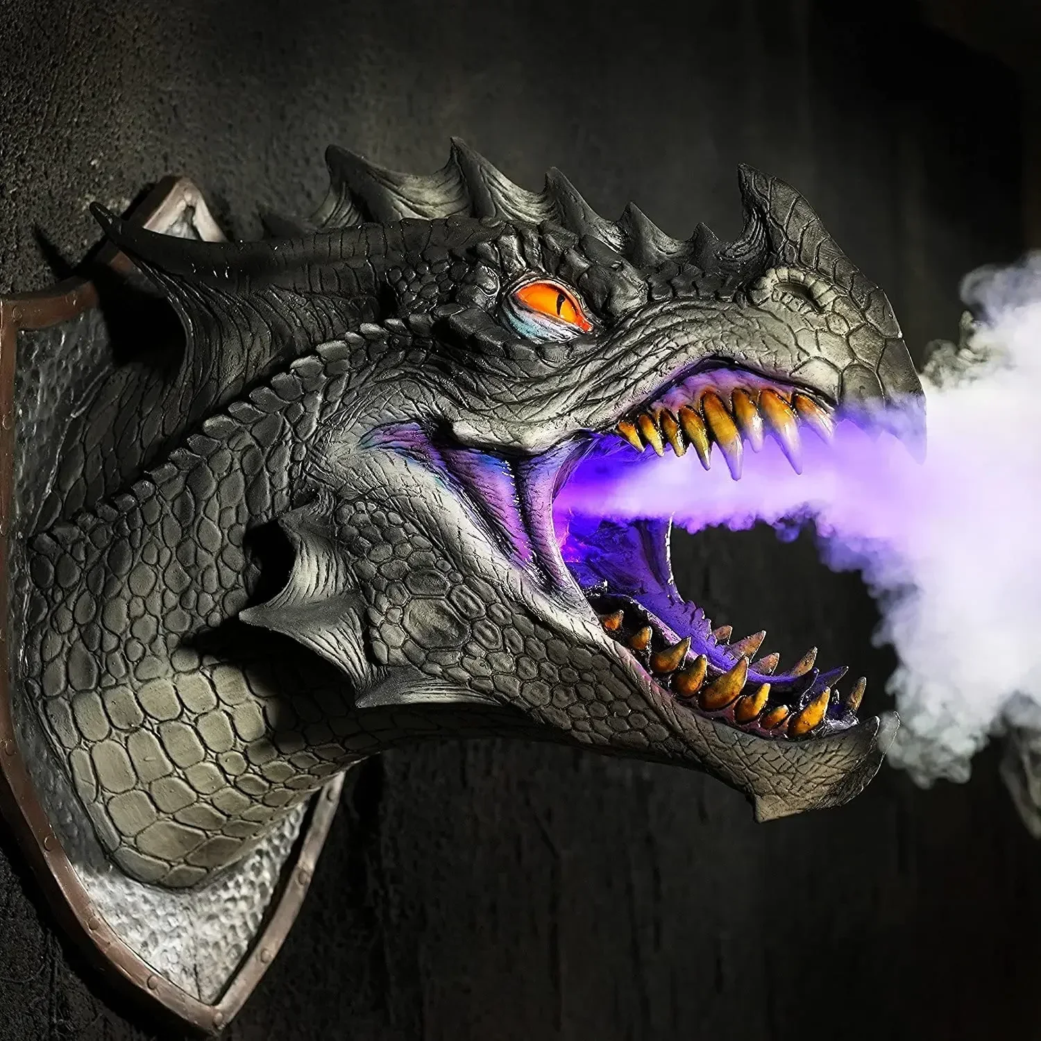 

3D Dragon Legend Head Sculpture,LED Light with Smoke Realistic Dinosaur Head Wall Art for Halloween Haunted House Props