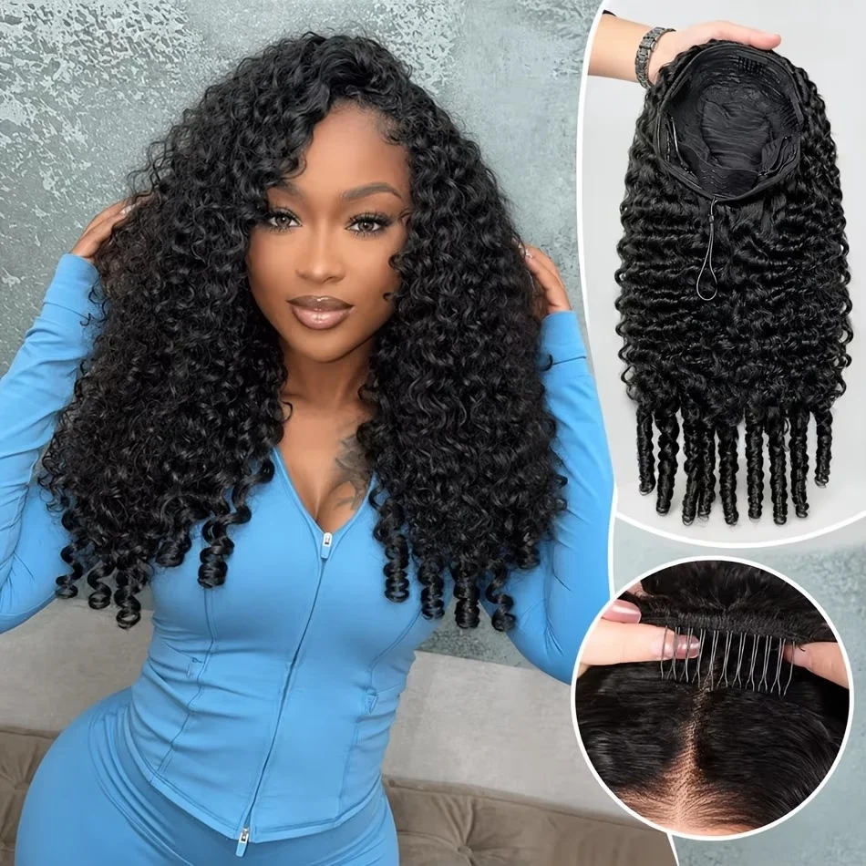 3In1 Half Wig Human Hair Wigs 200% Density Burmese Curly Human Hair Wigs 10-30 Inch Invisible Hairline Wear Go With Drawstring Seamless Machine Wigs