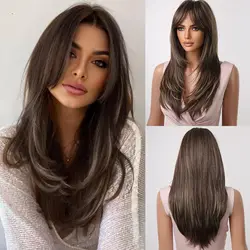 LOUIS FERRE Long Brown Layered Synthetic Wigs With Bangs Caramel Brown Straight Wig Mixed Blonde Highlights Heat Resistant Fibre