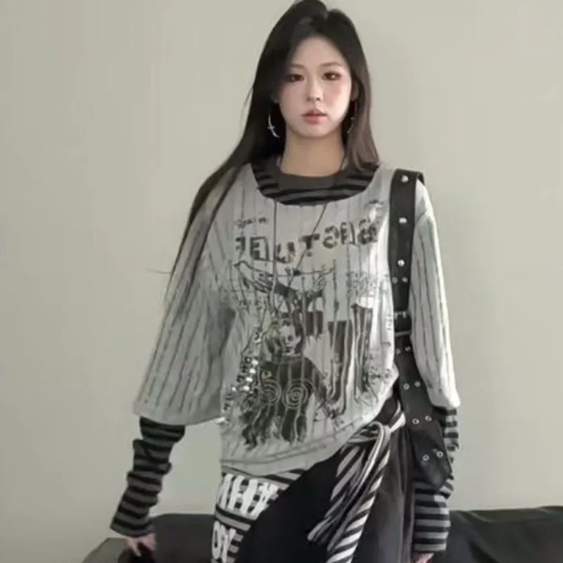 

Женская свободная футболка из двух предметов в стиле пэчворк с длинными рукавами, осень 2022, новые повседневные топы с круглым вырезом и буквенным принтом High Street